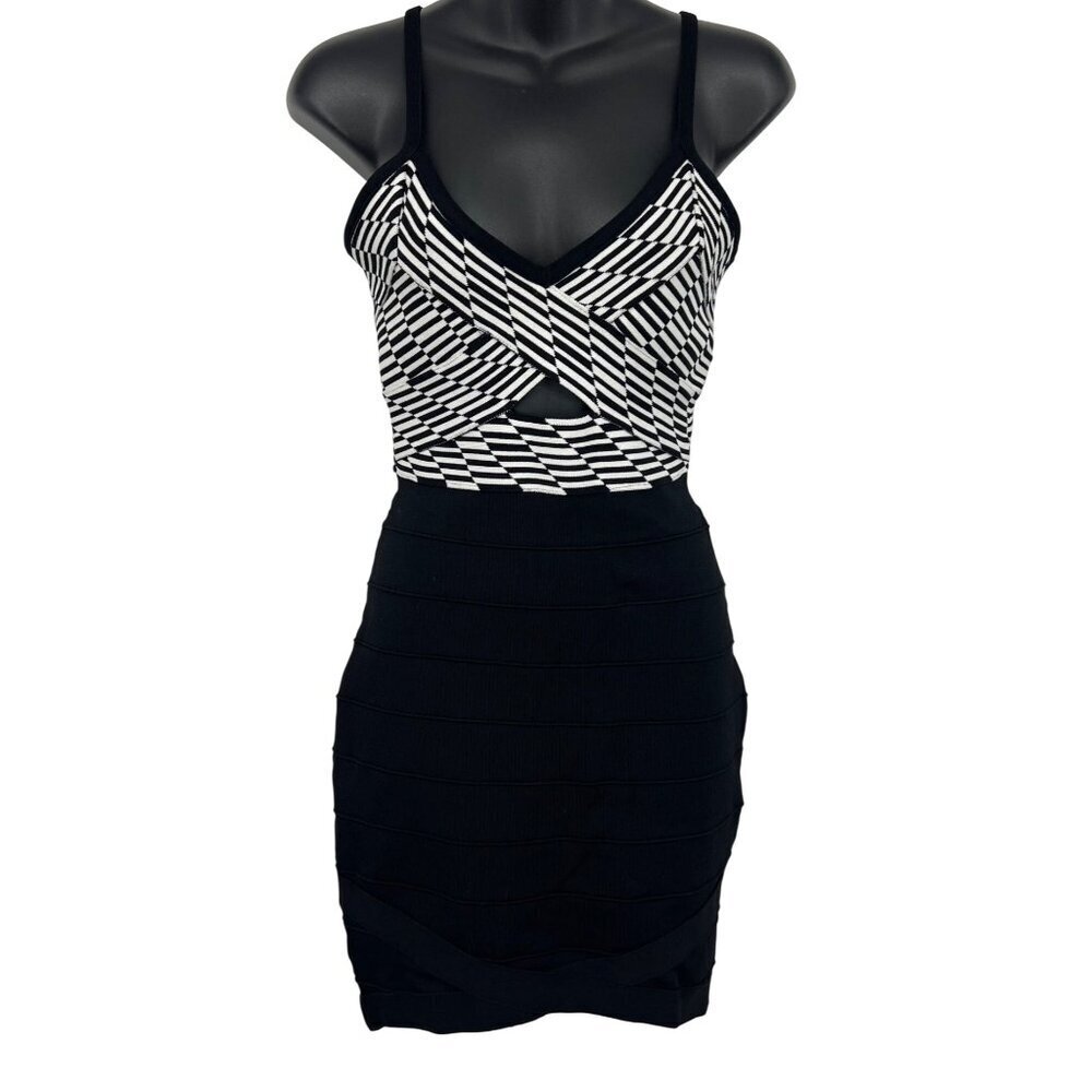 Bebe Black White Stripe Bandage Mini Dress Size Small S Bodycon V-Neck Sexy New
